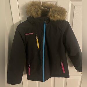 Black Powder Room Ski/Snowboard Jacket with Fur Hood and Colorful Accents